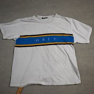 Obey Stripe Logo T-Shirt Mens Medium White Blue Yellow Skate Streetwear
